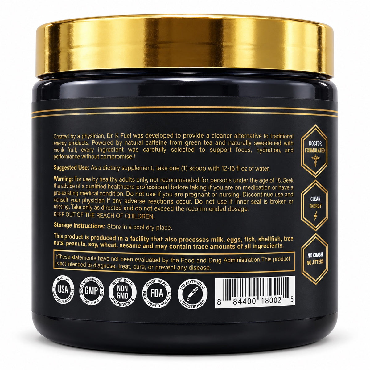 Dr. K Fuel original product back label showing directions and warnings